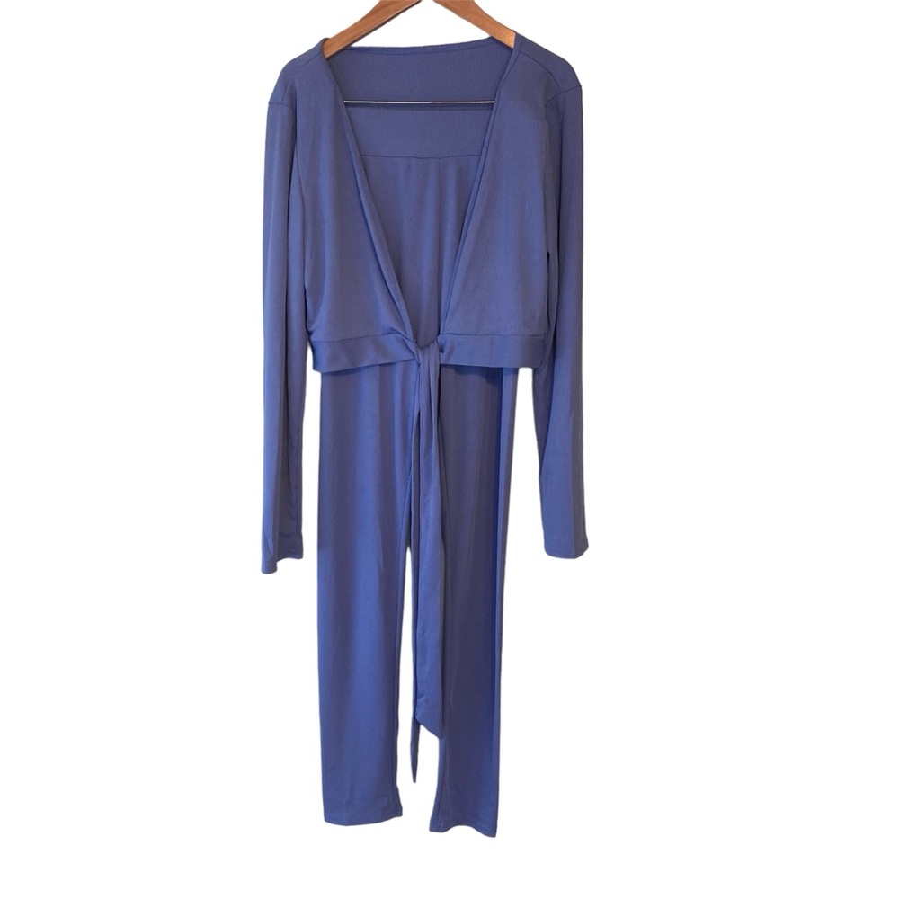 Tie front ribbed cardigan with matching pants Blue Medium NWOT